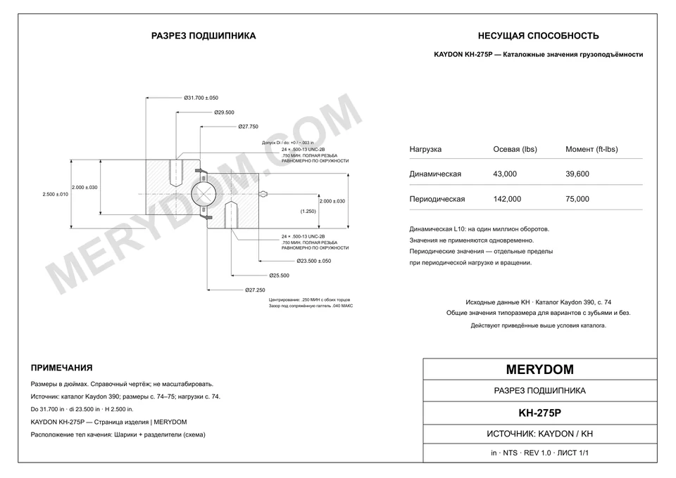 CAD-чертёж опорно-поворотного устройства MERYDOM для замены KAYDON KH-275P с размерами и монтажными отверстиями.