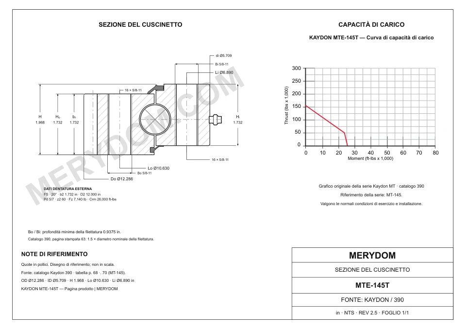 Disegno CAD del cuscinetto di rotazione sostitutivo MERYDOM per KAYDON MTE-145T, con dimensioni e fori di montaggio.