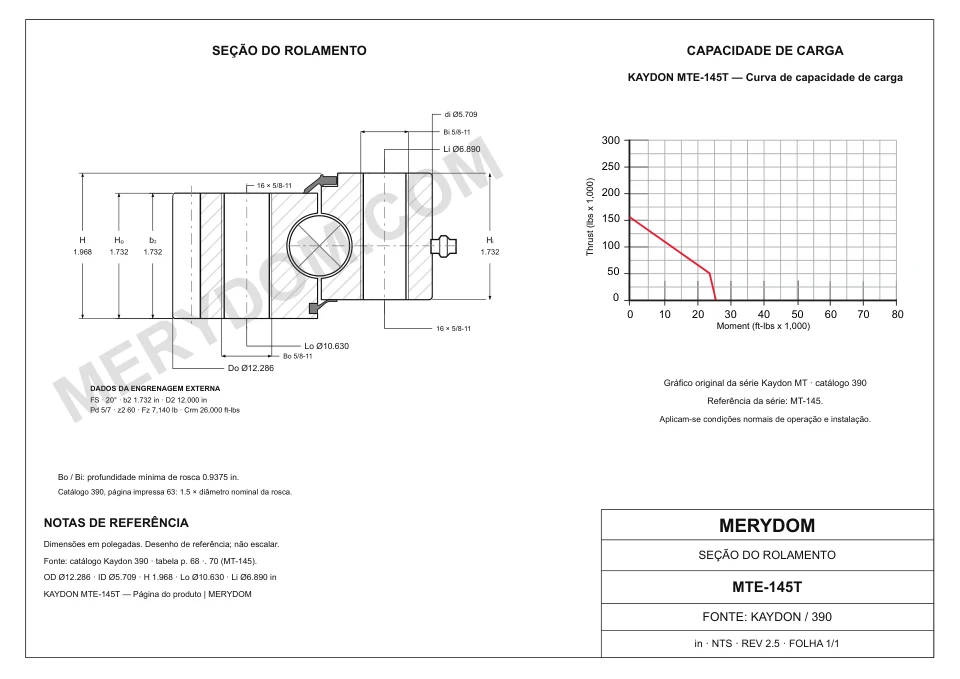 Desenho CAD do rolamento de giro de substituição MERYDOM para KAYDON MTE-145T, com dimensões e furos de montagem.