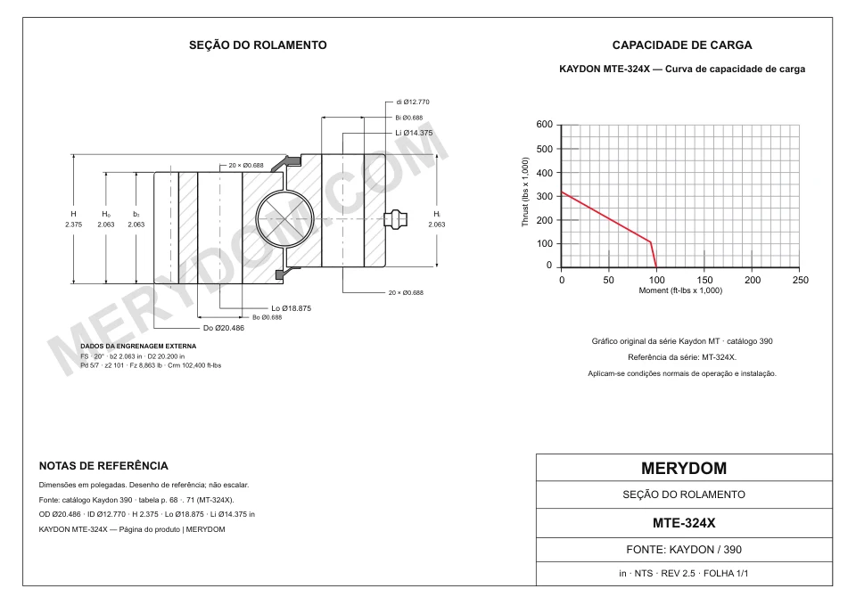 Desenho CAD do rolamento de giro de substituição MERYDOM para KAYDON MTE-324X, com dimensões e furos de montagem.