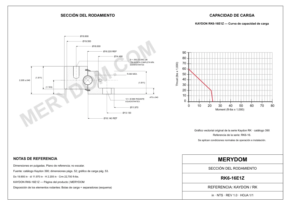 Plano CAD de la corona de giro de sustitución MERYDOM para KAYDON RK6-16E1Z, con dimensiones y orificios de montaje.