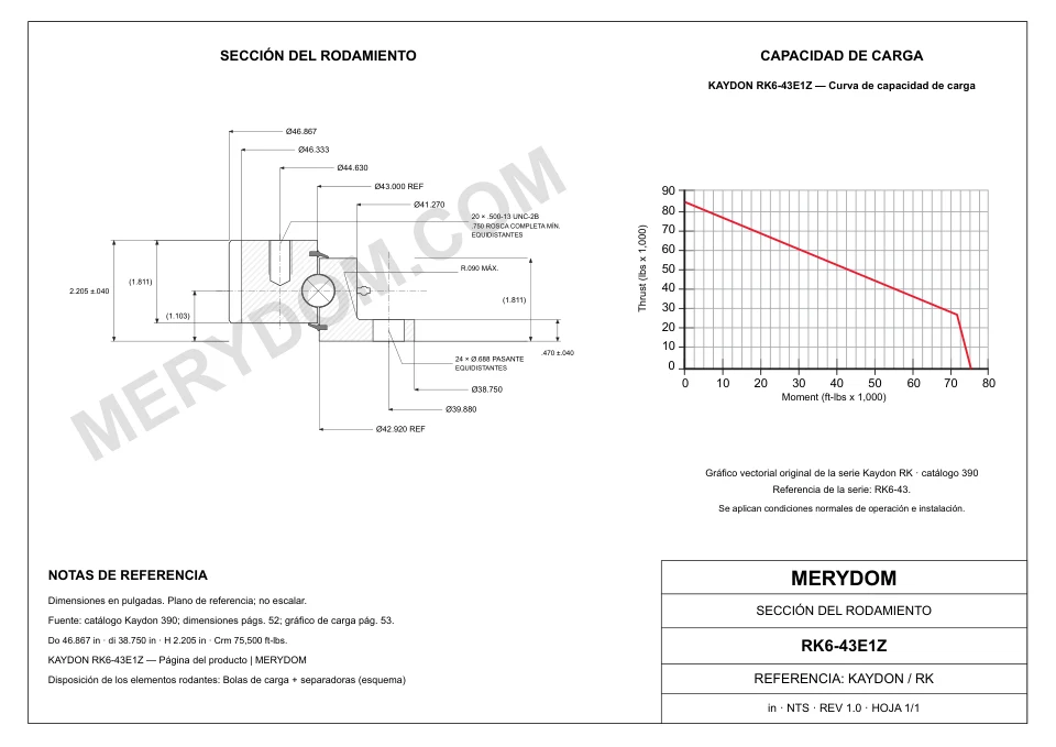Plano CAD de la corona de giro de sustitución MERYDOM para KAYDON RK6-43E1Z, con dimensiones y orificios de montaje.