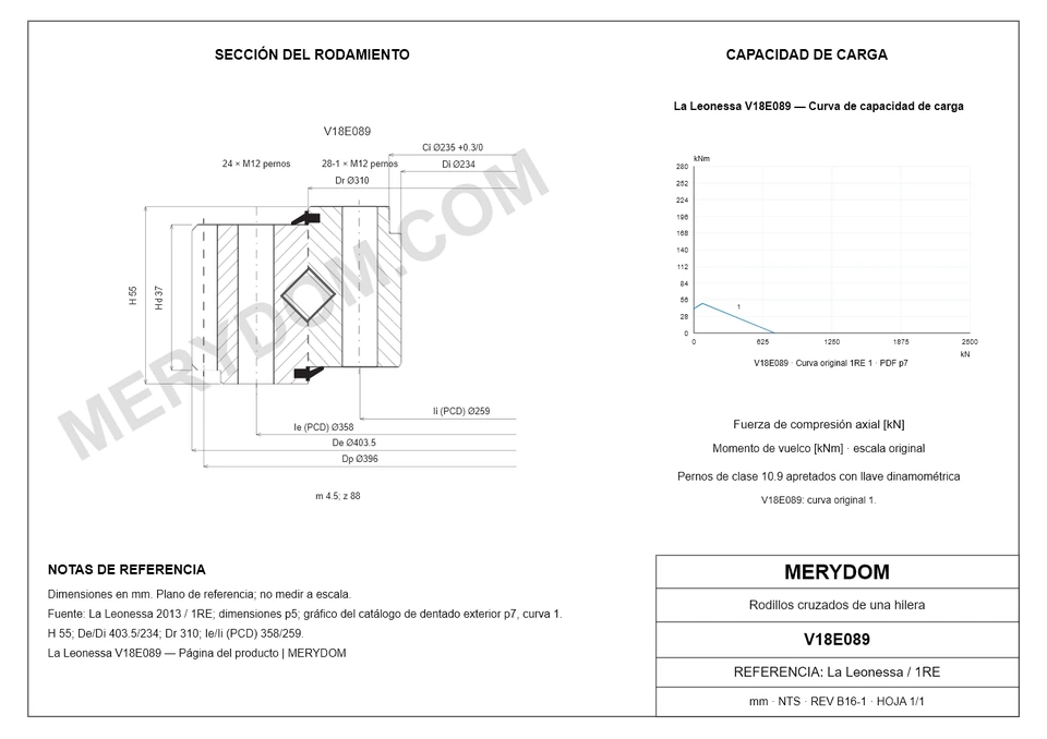 Plano CAD de la corona de giro de sustitución MERYDOM para La Leonessa V18E089, con dimensiones y orificios de montaje.