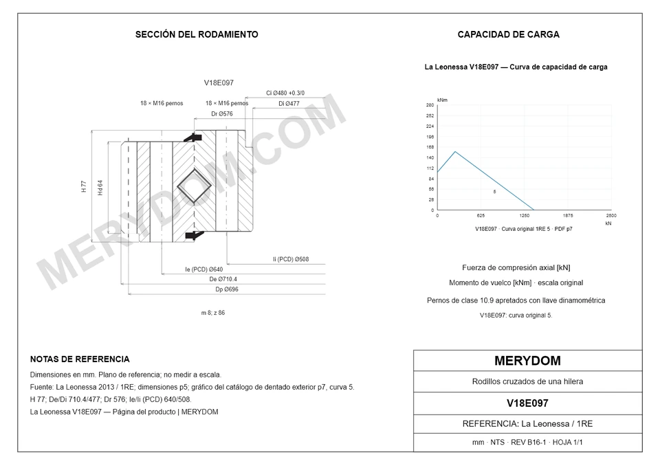 Plano CAD de la corona de giro de sustitución MERYDOM para La Leonessa V18E097, con dimensiones y orificios de montaje.