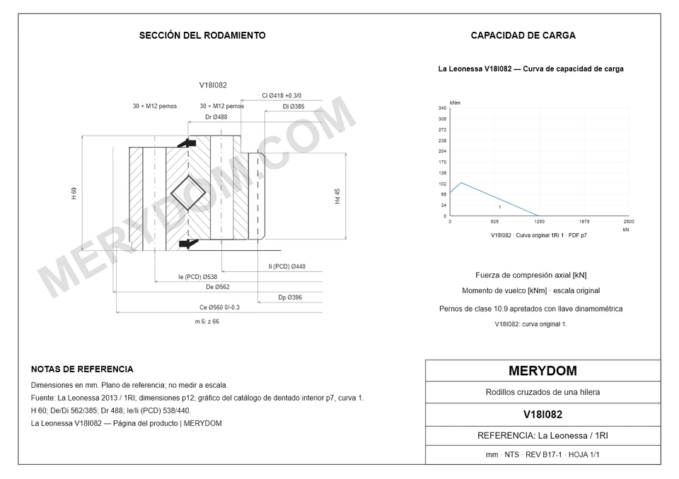 Plano CAD de la corona de giro de sustitución MERYDOM para La Leonessa V18I082, con dimensiones y orificios de montaje.