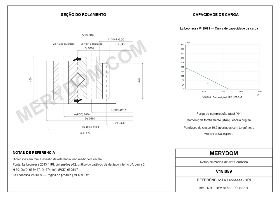 Desenho CAD do rolamento de giro de substituição MERYDOM para La Leonessa V18I089, com dimensões e furos de montagem.