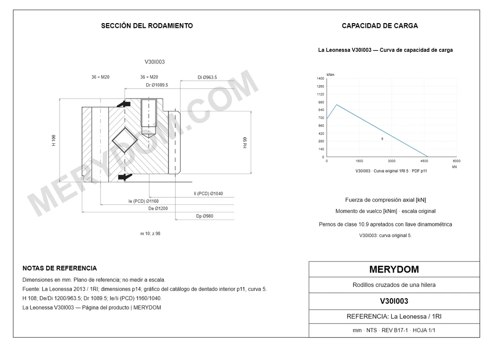 Plano CAD de la corona de giro de sustitución MERYDOM para La Leonessa V30I003, con dimensiones y orificios de montaje.