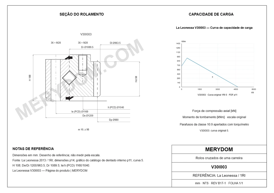 Desenho CAD do rolamento de giro de substituição MERYDOM para La Leonessa V30I003, com dimensões e furos de montagem.