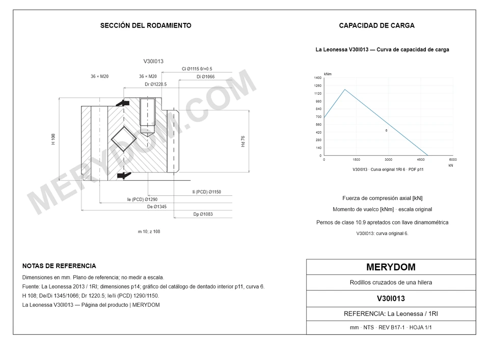 Plano CAD de la corona de giro de sustitución MERYDOM para La Leonessa V30I013, con dimensiones y orificios de montaje.