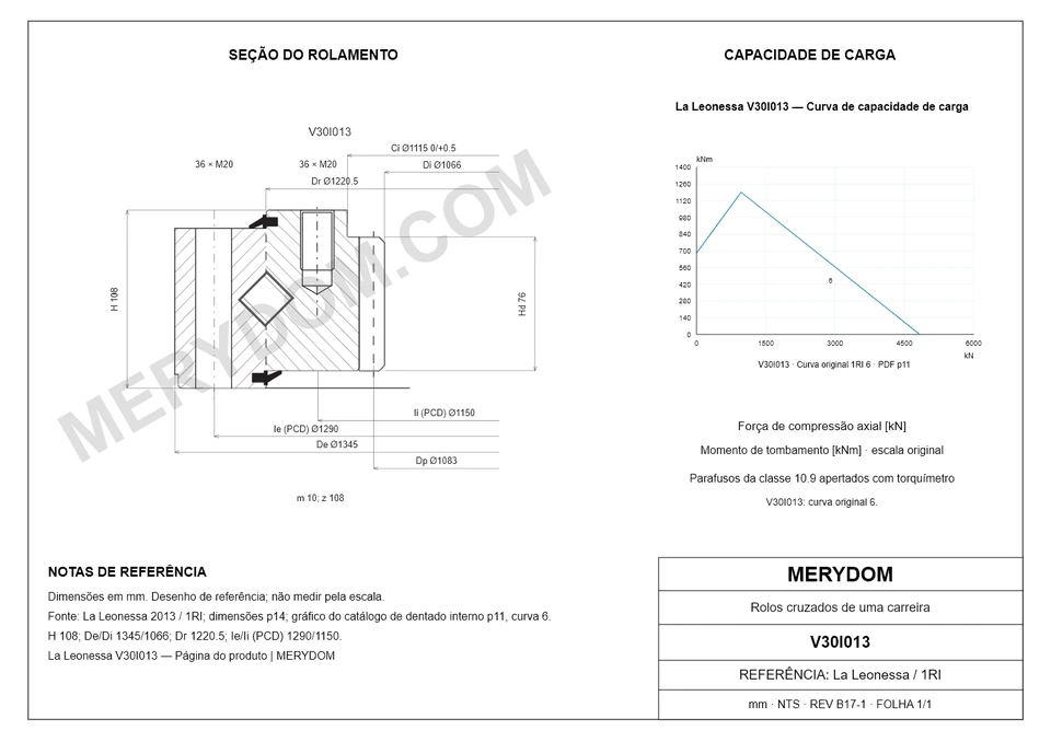 Desenho CAD do rolamento de giro de substituição MERYDOM para La Leonessa V30I013, com dimensões e furos de montagem.