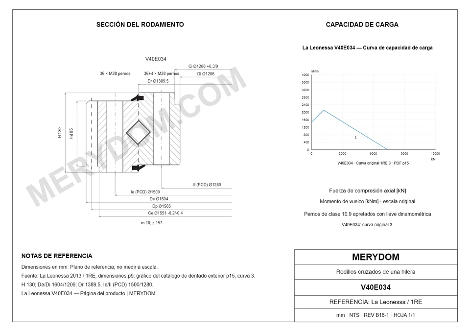 Plano CAD de la corona de giro de sustitución MERYDOM para La Leonessa V40E034, con dimensiones y orificios de montaje.