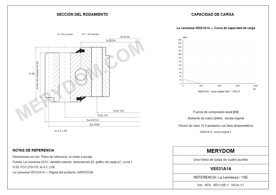 Plano CAD de la corona de giro de sustitución MERYDOM para La Leonessa VE031A14, con dimensiones y orificios de montaje.