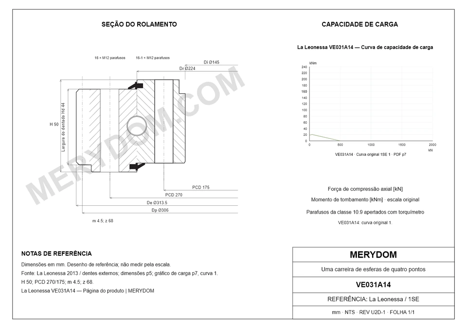 Desenho CAD do rolamento de giro de substituição MERYDOM para La Leonessa VE031A14, com dimensões e furos de montagem.