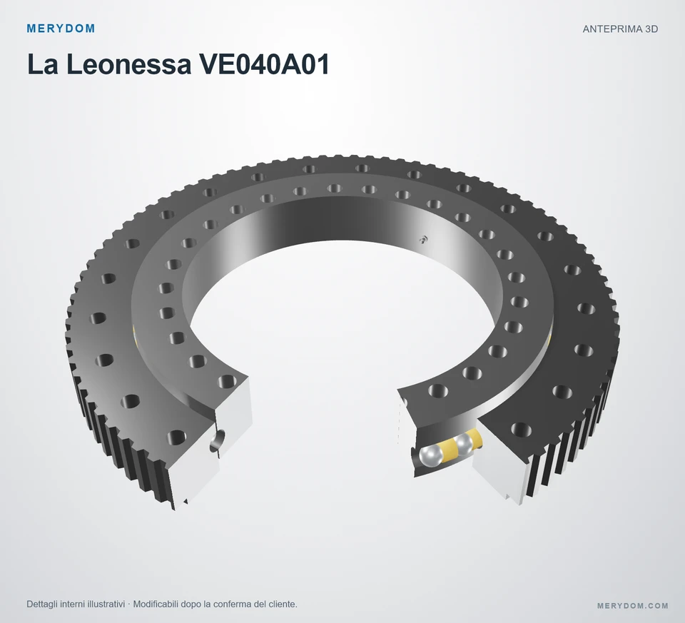 Anteprima del modello 3D del cuscinetto di rotazione sostitutivo MERYDOM per La Leonessa VE040A01.
