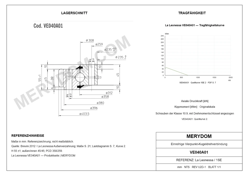 CAD-Zeichnung des MERYDOM-Ersatzdrehkranzes für La Leonessa VE040A01 mit Abmessungen und Befestigungsbohrungen.