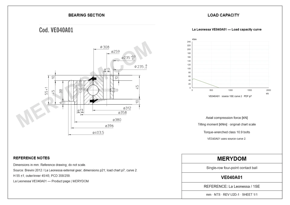 CAD drawing of the MERYDOM replacement slewing bearing for La Leonessa VE040A01, showing dimensions and mounting holes.