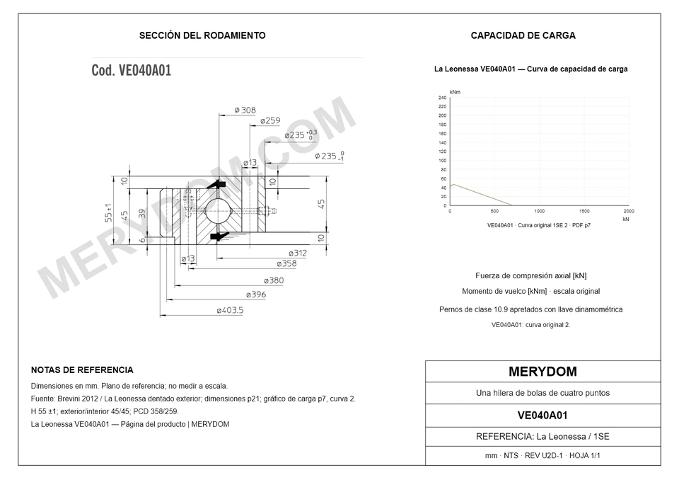 Plano CAD de la corona de giro de sustitución MERYDOM para La Leonessa VE040A01, con dimensiones y orificios de montaje.