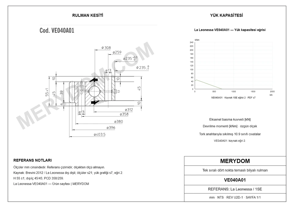 La Leonessa VE040A01 için MERYDOM muadil döner tabla rulmanının ölçüleri ve montaj deliklerini gösteren CAD çizimi.