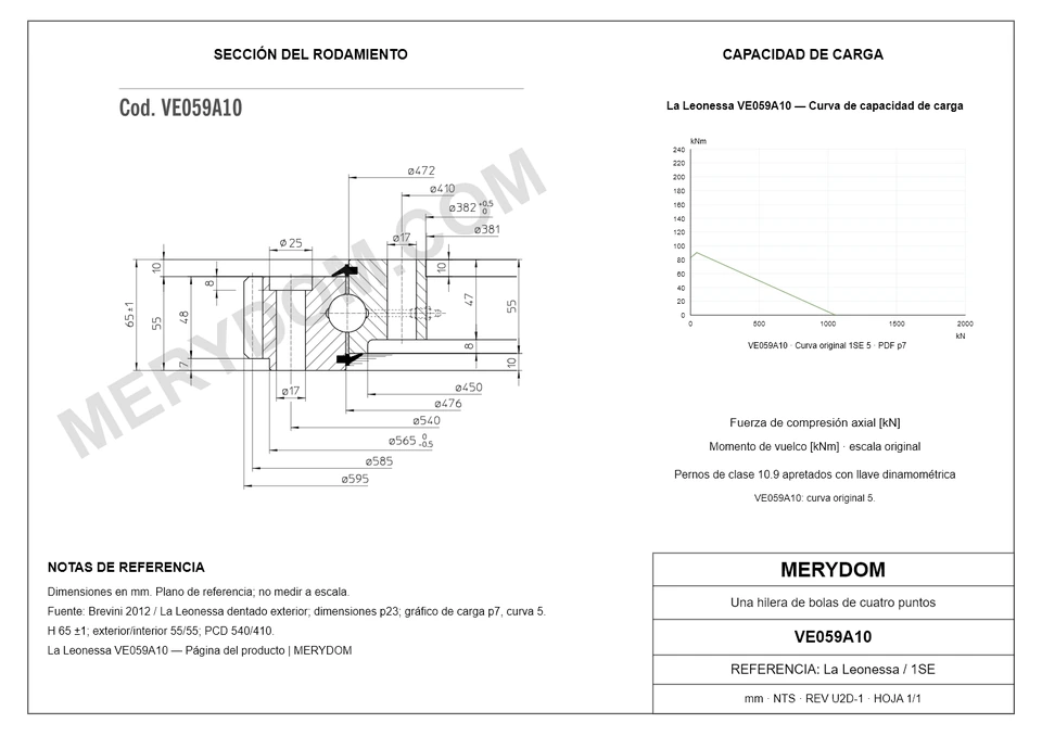 Plano CAD de la corona de giro de sustitución MERYDOM para La Leonessa VE059A10, con dimensiones y orificios de montaje.