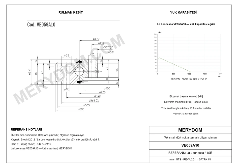La Leonessa VE059A10 için MERYDOM muadil döner tabla rulmanının ölçüleri ve montaj deliklerini gösteren CAD çizimi.