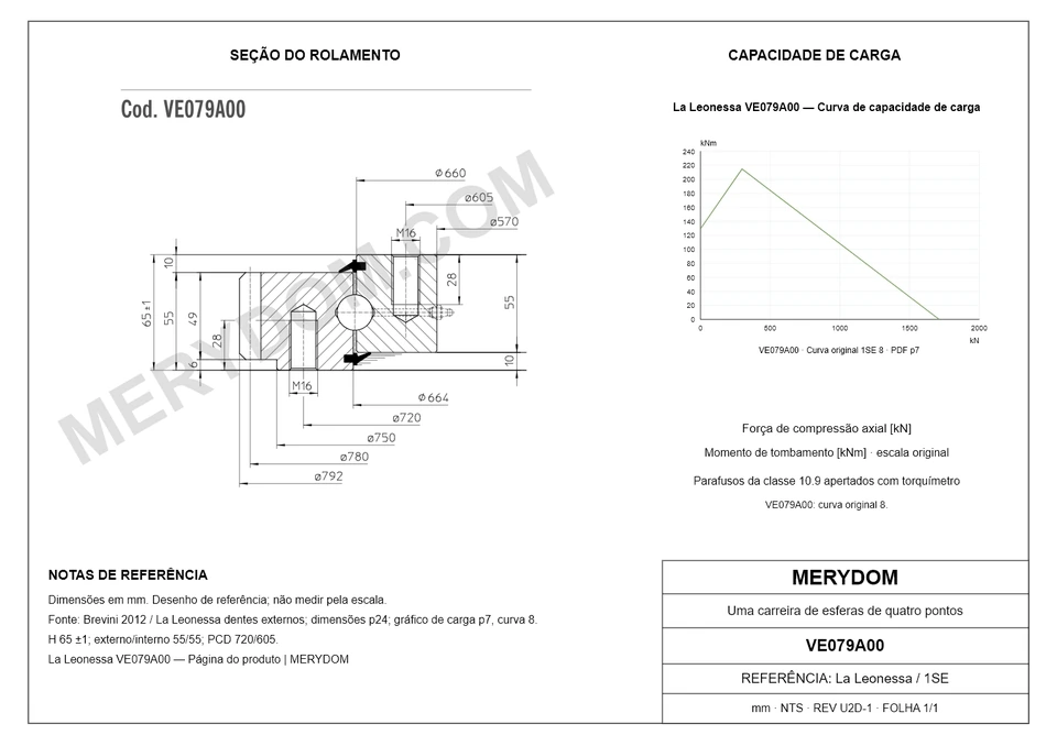 Desenho CAD do rolamento de giro de substituição MERYDOM para La Leonessa VE079A00, com dimensões e furos de montagem.
