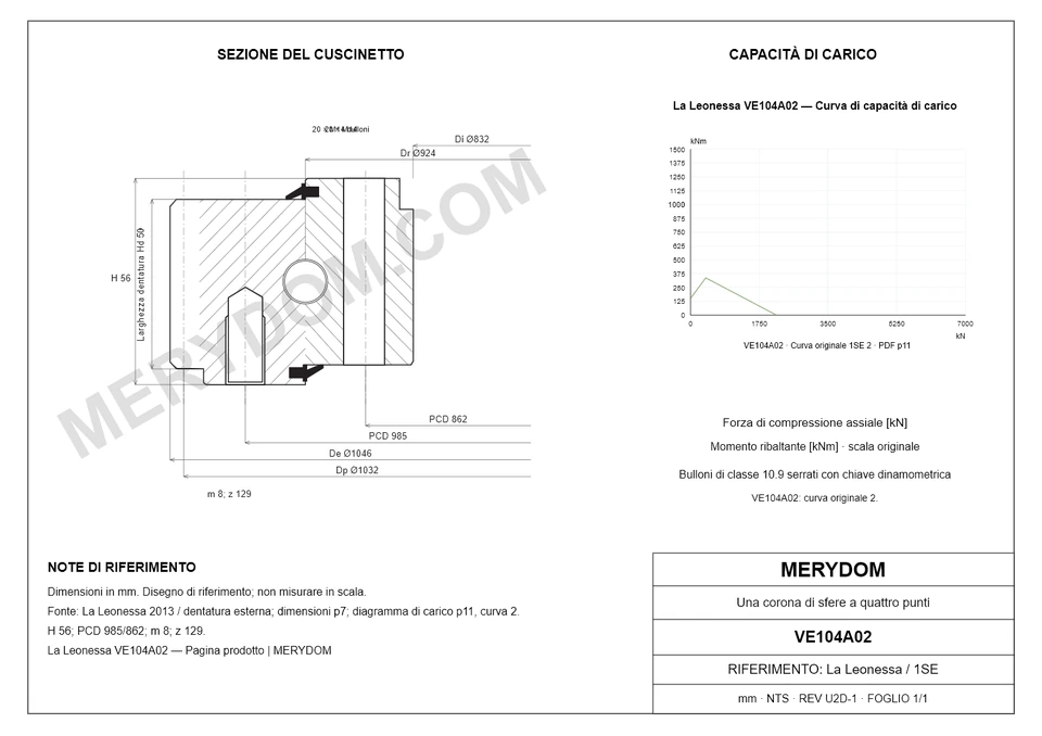Disegno CAD del cuscinetto di rotazione sostitutivo MERYDOM per La Leonessa VE104A02, con dimensioni e fori di montaggio.