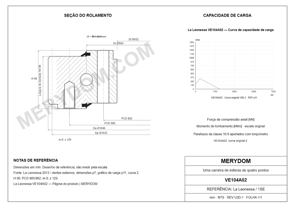 Desenho CAD do rolamento de giro de substituição MERYDOM para La Leonessa VE104A02, com dimensões e furos de montagem.