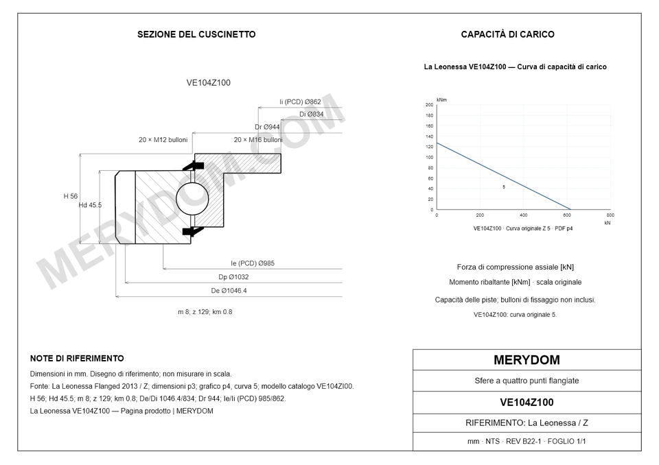 Disegno CAD del cuscinetto di rotazione sostitutivo MERYDOM per La Leonessa VE104Z100, con dimensioni e fori di montaggio.