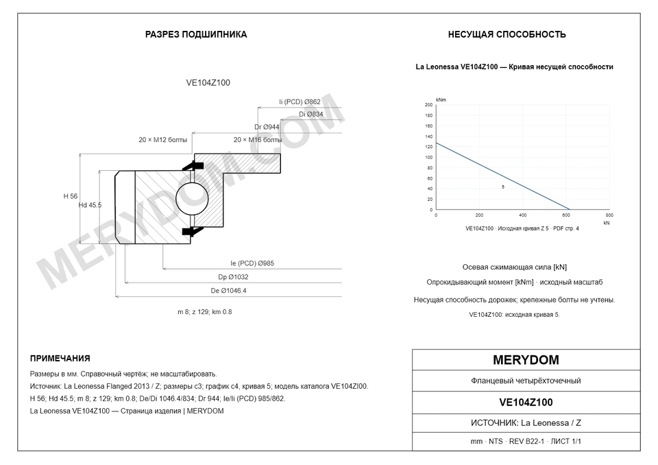 CAD-чертёж опорно-поворотного устройства MERYDOM для замены La Leonessa VE104Z100 с размерами и монтажными отверстиями.