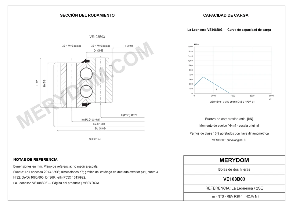 Plano CAD de la corona de giro de sustitución MERYDOM para La Leonessa VE108B03, con dimensiones y orificios de montaje.