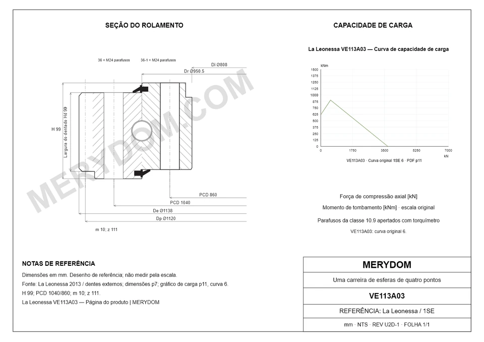 Desenho CAD do rolamento de giro de substituição MERYDOM para La Leonessa VE113A03, com dimensões e furos de montagem.