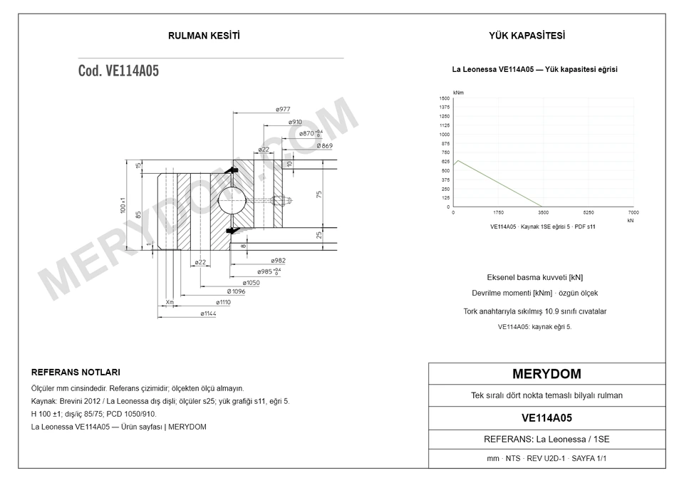 La Leonessa VE114A05 için MERYDOM muadil döner tabla rulmanının ölçüleri ve montaj deliklerini gösteren CAD çizimi.
