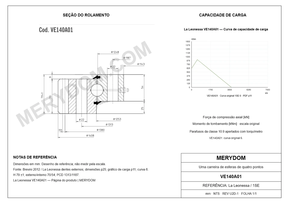 Desenho CAD do rolamento de giro de substituição MERYDOM para La Leonessa VE140A01, com dimensões e furos de montagem.