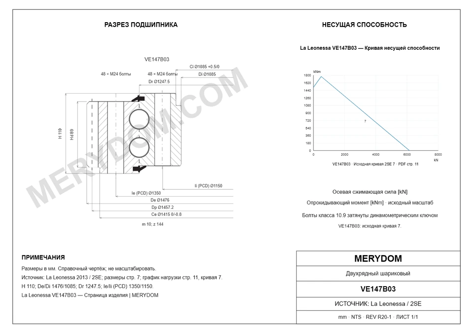 CAD-чертёж опорно-поворотного устройства MERYDOM для замены La Leonessa VE147B03 с размерами и монтажными отверстиями.