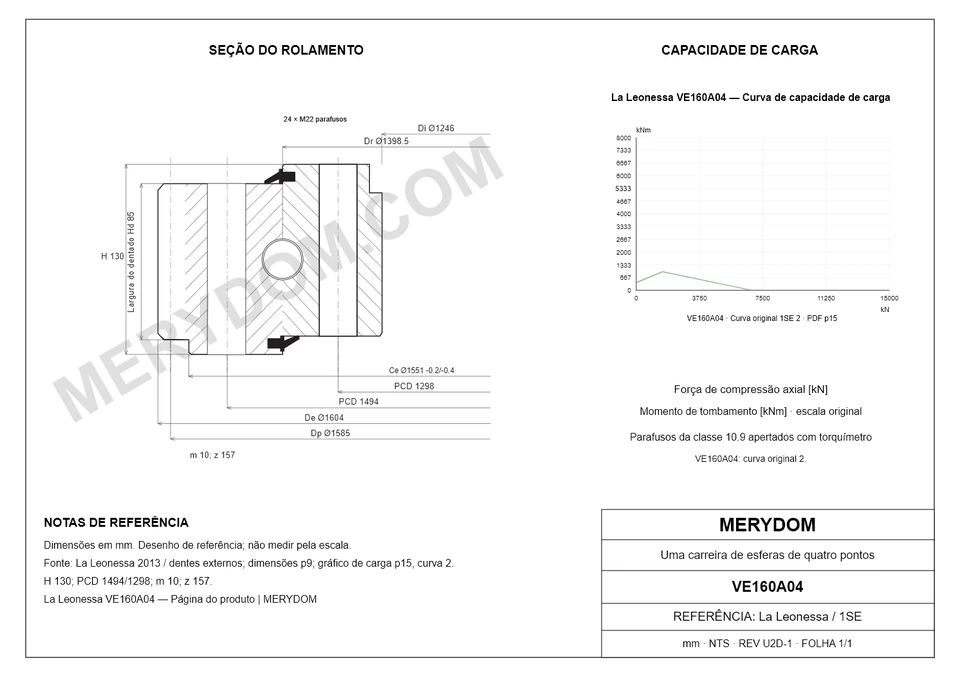 Desenho CAD do rolamento de giro de substituição MERYDOM para La Leonessa VE160A04, com dimensões e furos de montagem.