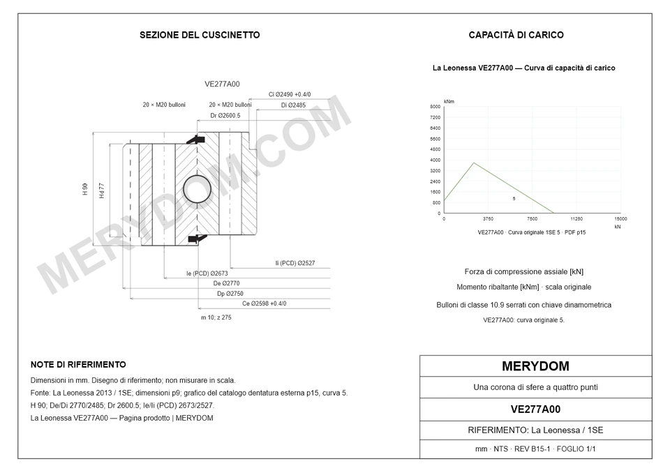Disegno CAD del cuscinetto di rotazione sostitutivo MERYDOM per La Leonessa VE277A00, con dimensioni e fori di montaggio.