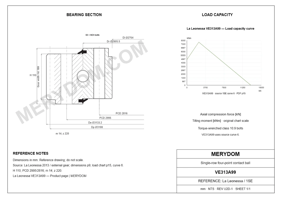 CAD drawing of the MERYDOM replacement slewing bearing for La Leonessa VE313A99, showing dimensions and mounting holes.