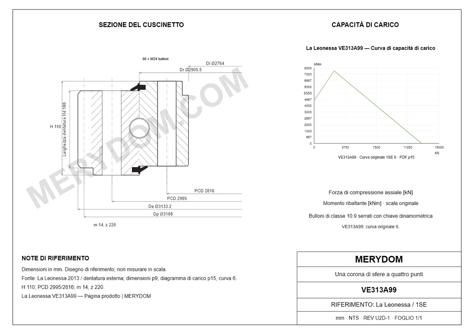Disegno CAD del cuscinetto di rotazione sostitutivo MERYDOM per La Leonessa VE313A99, con dimensioni e fori di montaggio.