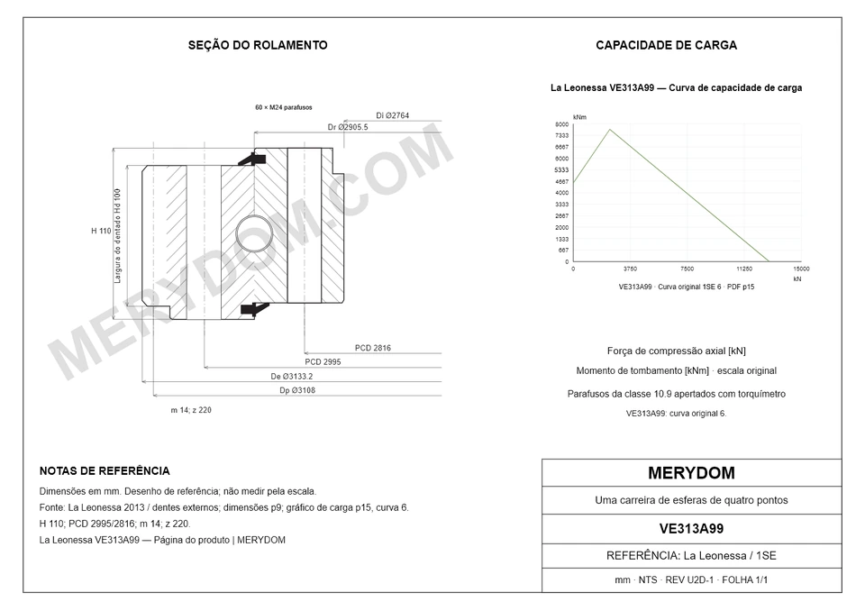 Desenho CAD do rolamento de giro de substituição MERYDOM para La Leonessa VE313A99, com dimensões e furos de montagem.