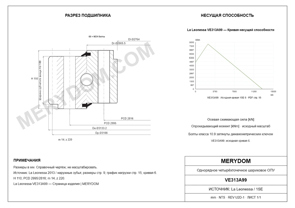 CAD-чертёж опорно-поворотного устройства MERYDOM для замены La Leonessa VE313A99 с размерами и монтажными отверстиями.