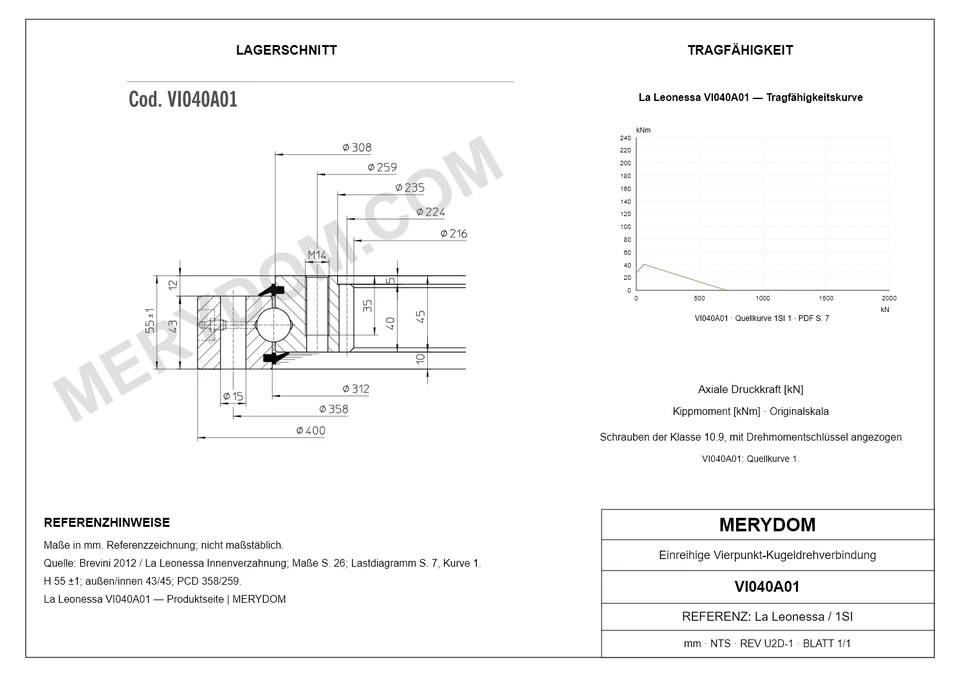 CAD-Zeichnung des MERYDOM-Ersatzdrehkranzes für La Leonessa VI040A01 mit Abmessungen und Befestigungsbohrungen.
