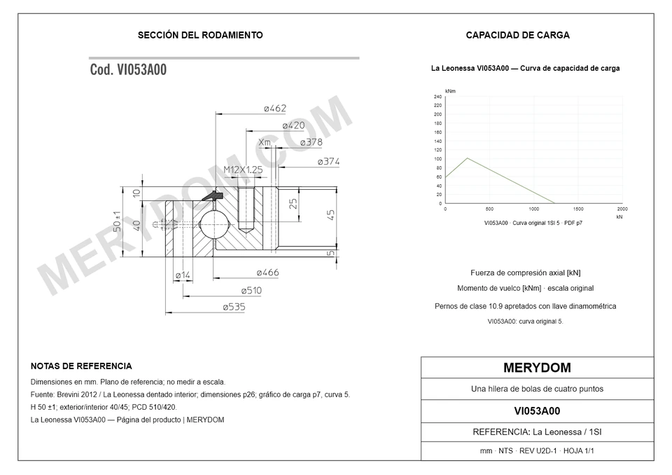 Plano CAD de la corona de giro de sustitución MERYDOM para La Leonessa VI053A00, con dimensiones y orificios de montaje.