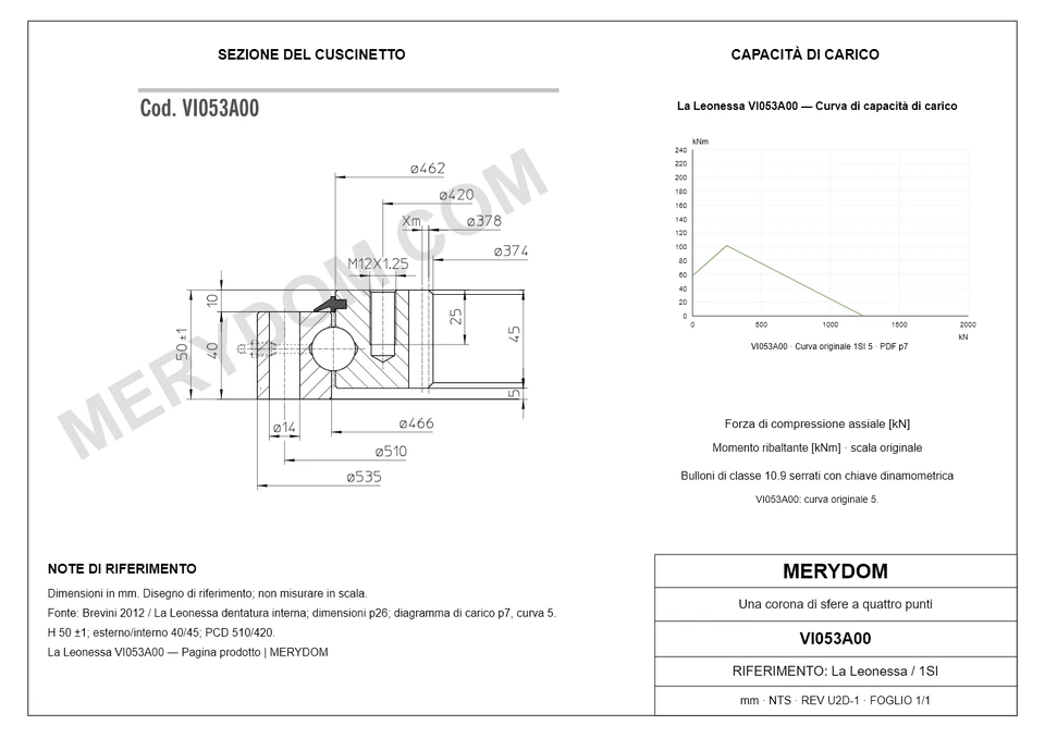 Disegno CAD del cuscinetto di rotazione sostitutivo MERYDOM per La Leonessa VI053A00, con dimensioni e fori di montaggio.