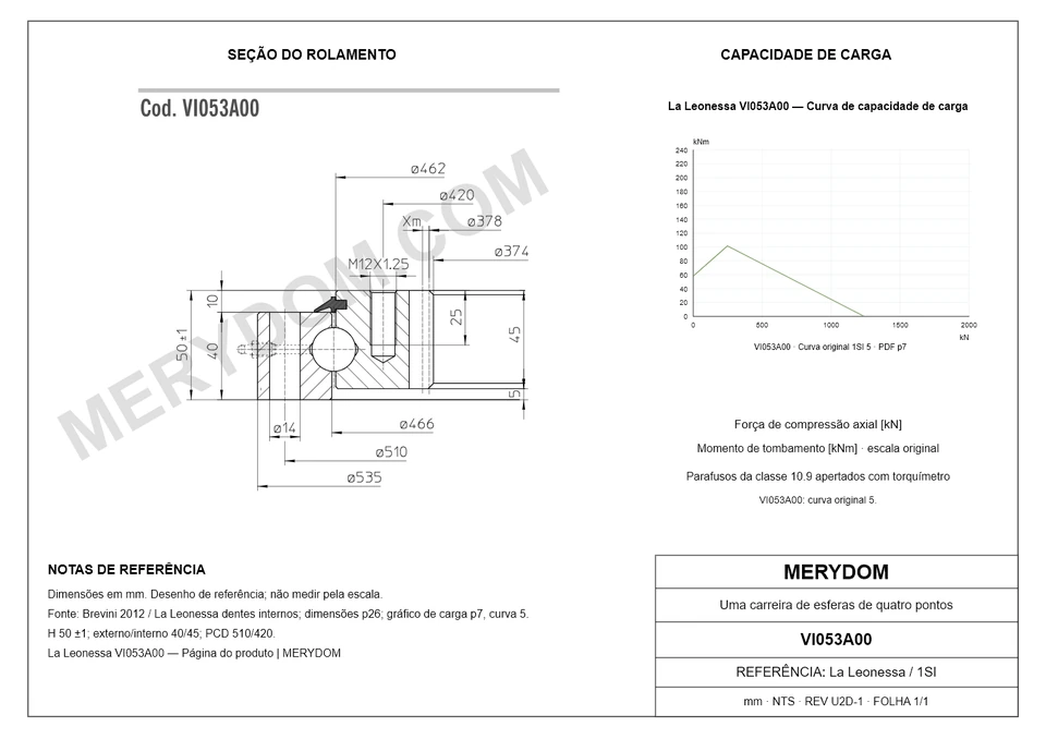 Desenho CAD do rolamento de giro de substituição MERYDOM para La Leonessa VI053A00, com dimensões e furos de montagem.