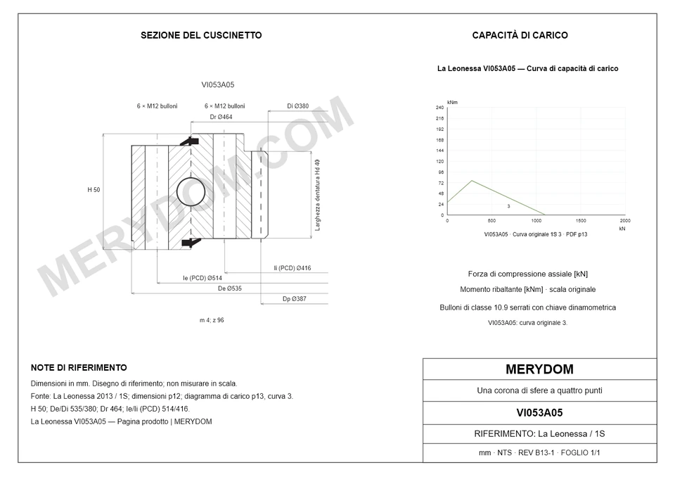 Disegno CAD del cuscinetto di rotazione sostitutivo MERYDOM per La Leonessa VI053A05, con dimensioni e fori di montaggio.