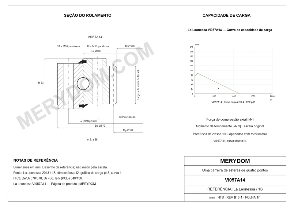 Desenho CAD do rolamento de giro de substituição MERYDOM para La Leonessa VI057A14, com dimensões e furos de montagem.
