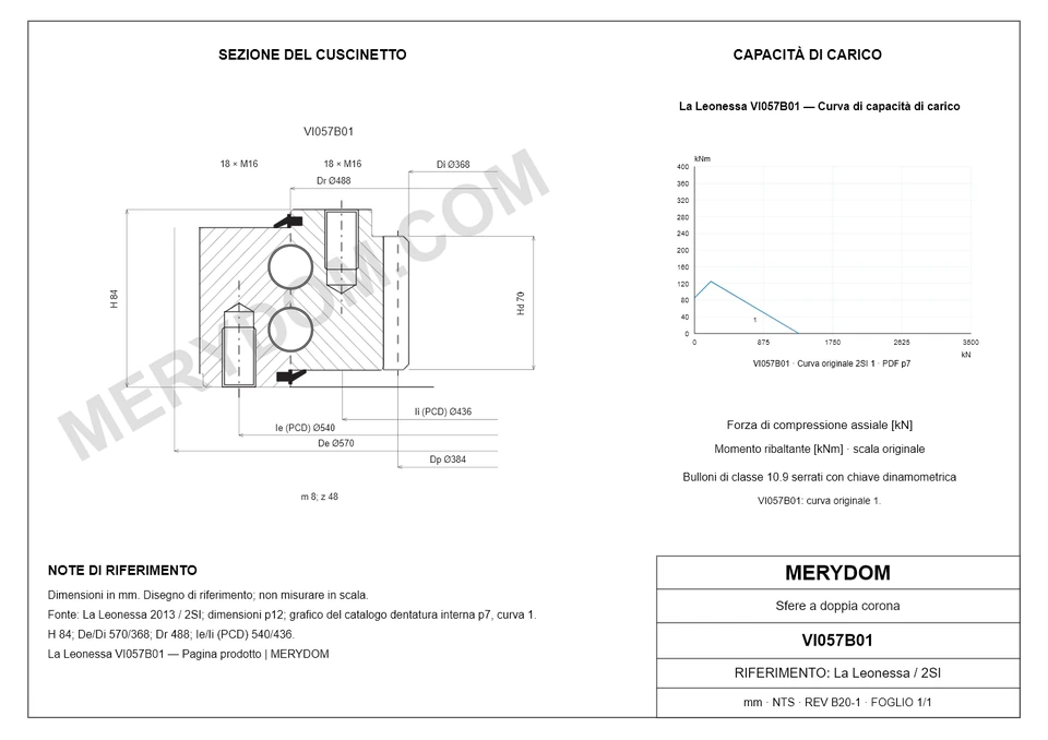 Disegno CAD del cuscinetto di rotazione sostitutivo MERYDOM per La Leonessa VI057B01, con dimensioni e fori di montaggio.