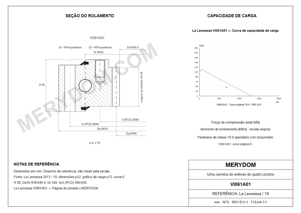 Desenho CAD do rolamento de giro de substituição MERYDOM para La Leonessa VI061A01, com dimensões e furos de montagem.