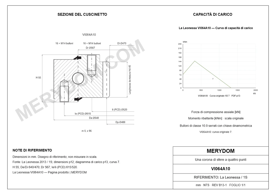 Disegno CAD del cuscinetto di rotazione sostitutivo MERYDOM per La Leonessa VI064A10, con dimensioni e fori di montaggio.