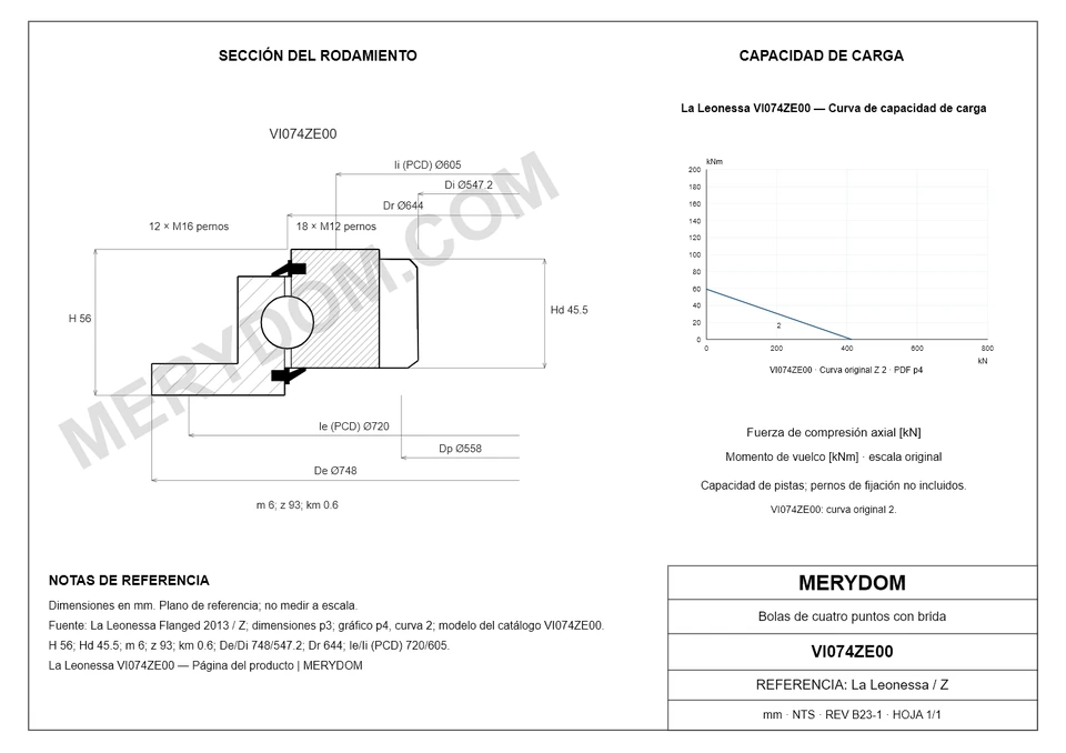 Plano CAD de la corona de giro de sustitución MERYDOM para La Leonessa VI074ZE00, con dimensiones y orificios de montaje.